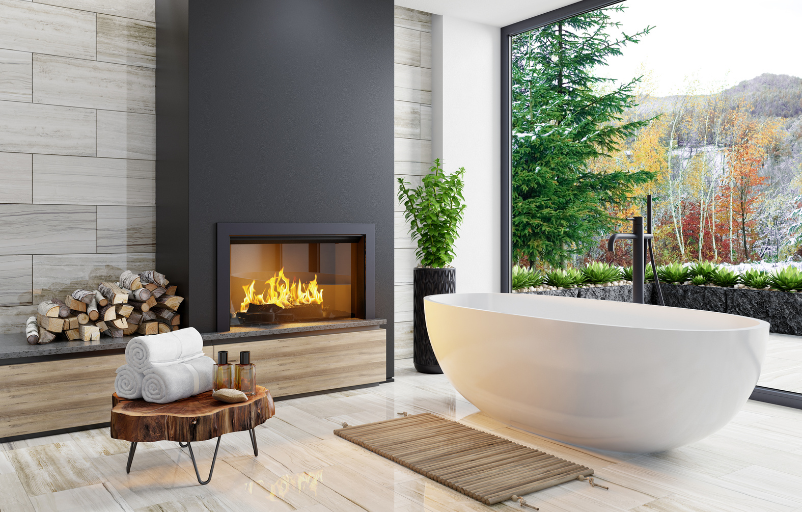 Modern Scandinavian bathroom with fireplace